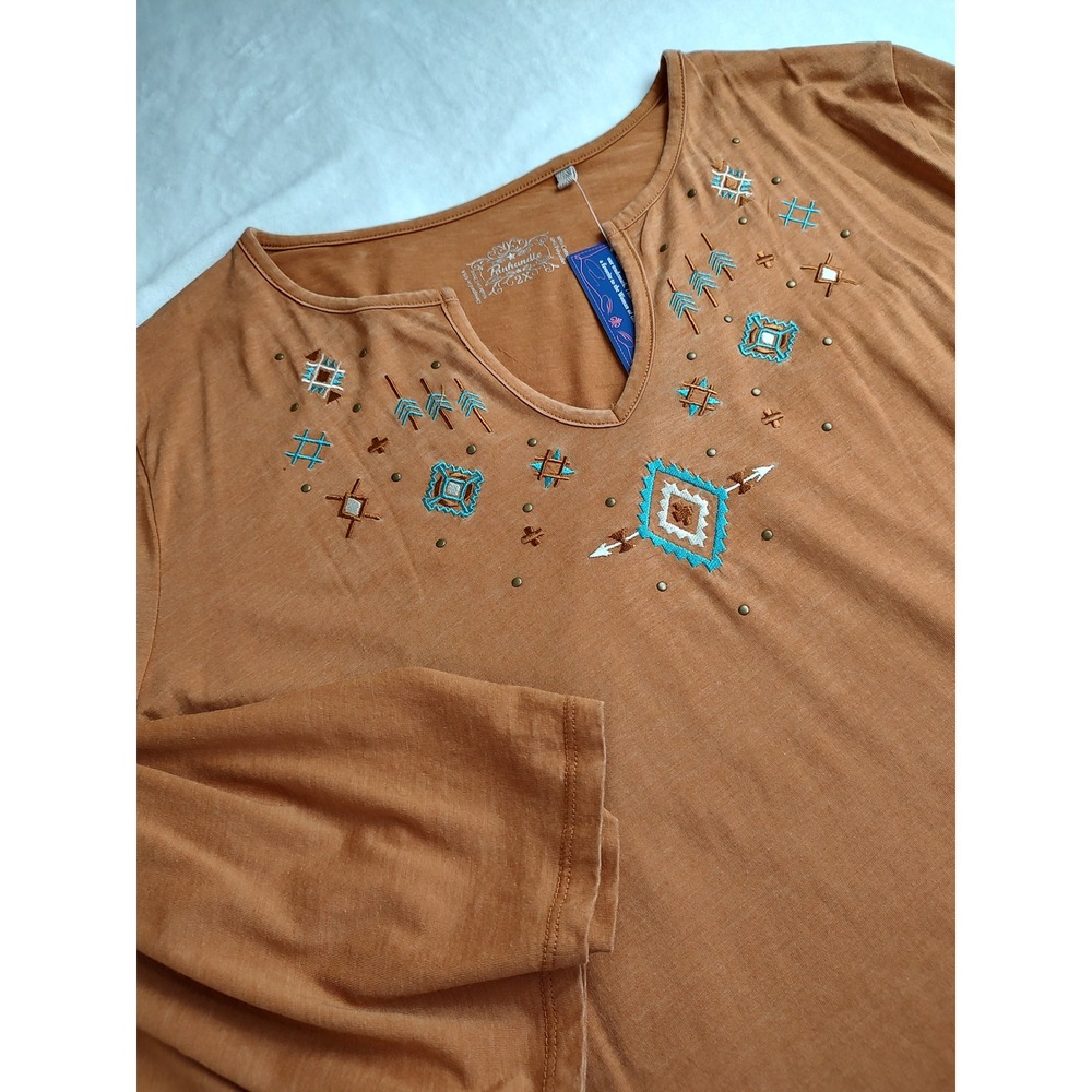 Panhandle Women's 2X Burnt‎ Orange Bell Sleeve Embroidered Southwestern Top
